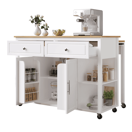 Ilha de cozinha com rodas 120x50 cm - Carrinho multifuncional com arrumação e 2 gavetas - Branco