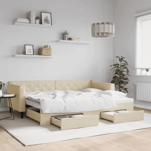 Sofá-cama, Sofá conversível com gavetão e gavetas 80x200 cm tecido cor creme