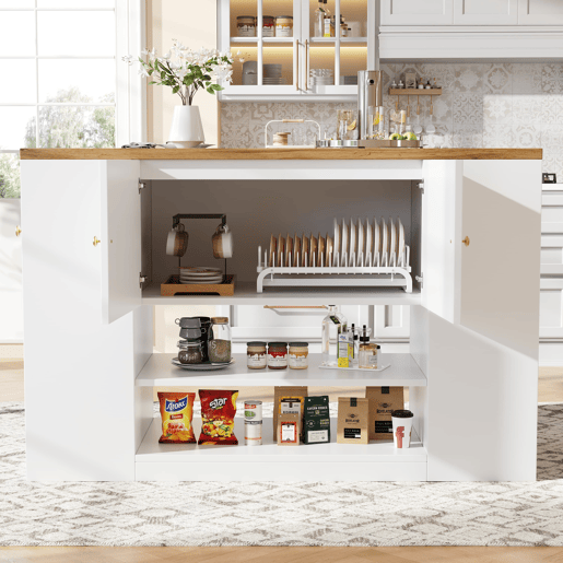 Ilha de cozinha moderna 140x70x90 cm - Com gavetas, prateleiras e armários - Branco