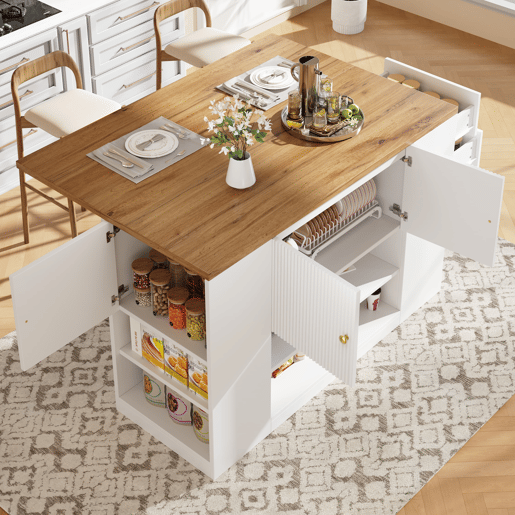 Ilha de cozinha moderna 140x70x90 cm - Com gavetas, prateleiras e armários - Branco