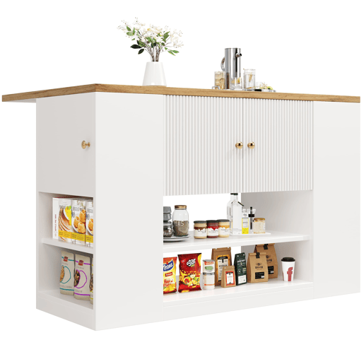 Ilha de cozinha moderna 140x70x90 cm - Com gavetas, prateleiras e armários - Branco