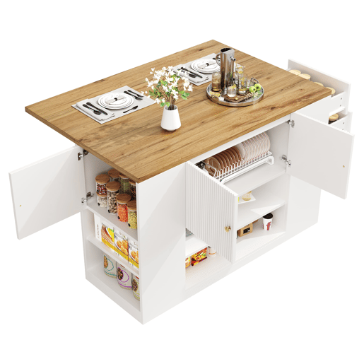 Ilha de cozinha moderna 140x70x90 cm - Com gavetas, prateleiras e armários - Branco