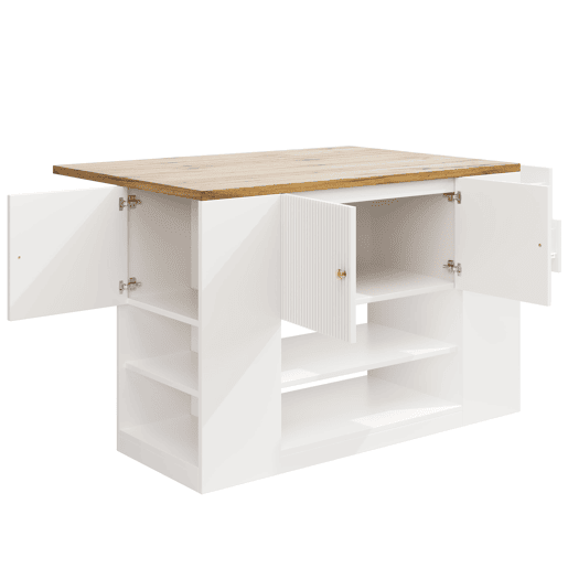 Ilha de cozinha moderna 140x70x90 cm - Com gavetas, prateleiras e armários - Branco
