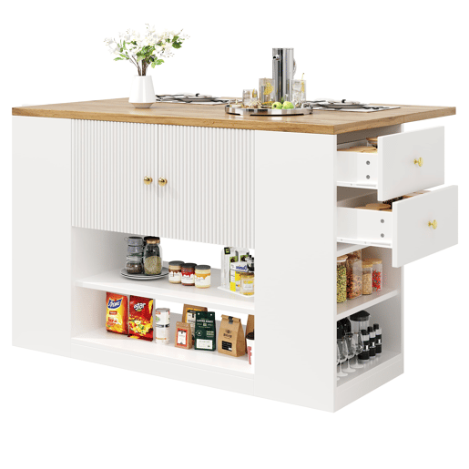 Ilha de cozinha moderna 140x70x90 cm - Com gavetas, prateleiras e armários - Branco