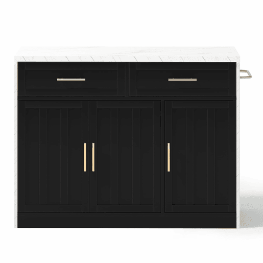 Ilha de cozinha 120x60x91 cm - Com tomadas, portas USB, prateleiras ajustáveis, puxadores metálicos, área de bar - Branco