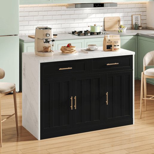 Ilha de cozinha 120x60x91 cm - Com tomadas, portas USB, prateleiras ajustáveis, puxadores metálicos, área de bar - Branco