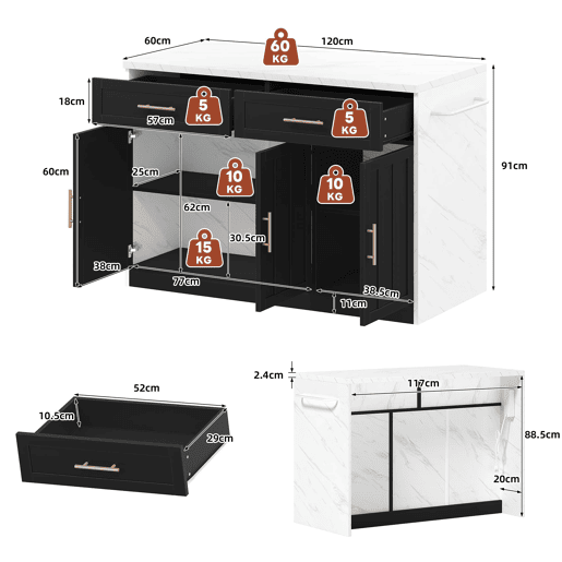 Ilha de cozinha 120x60x91 cm - Com tomadas, portas USB, prateleiras ajustáveis, puxadores metálicos, área de bar - Branco
