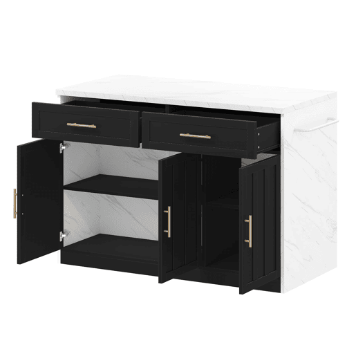 Ilha de cozinha 120x60x91 cm - Com tomadas, portas USB, prateleiras ajustáveis, puxadores metálicos, área de bar - Branco