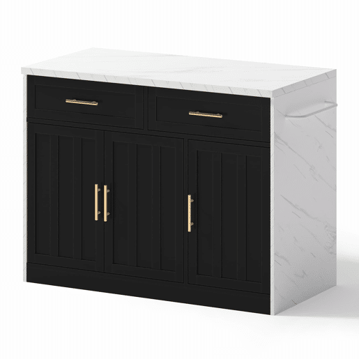 Ilha de cozinha 120x60x91 cm - Com tomadas, portas USB, prateleiras ajustáveis, puxadores metálicos, área de bar - Branco