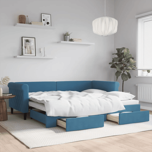 Sofá-cama, Sofá conversível com gavetão e gavetas 90x200 cm veludo azul Sofá-cama, Sofá conversível com gavetão e gavetas 90x200 cm veludo azul