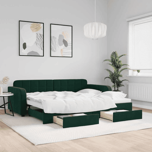 Sofá-cama, Sofá conversível c gavetão e gavetas 90x200 cm veludo verde-escuro Sofá-cama, Sofá conversível c gavetão e gavetas 90x200 cm veludo verde-escuro