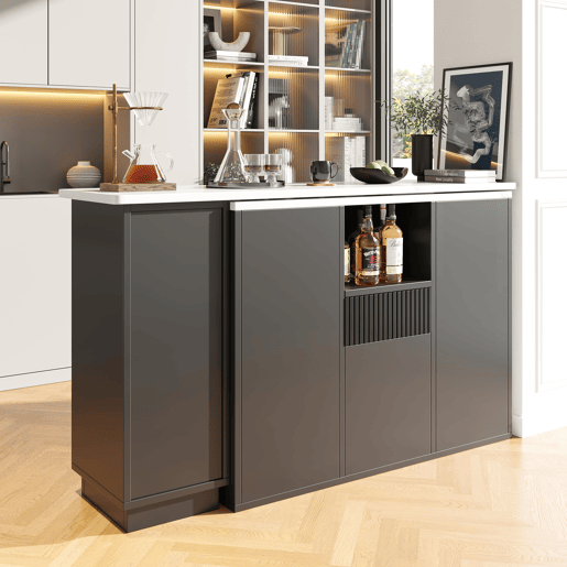 Mesa de bar giratória 360° 210x30x100,9 cm - Design moderno, armazenamento aberto, tampo em mármore - Preta