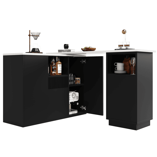Mesa de bar giratória 360° 210x30x100,9 cm - Design moderno, armazenamento aberto, tampo em mármore - Preta