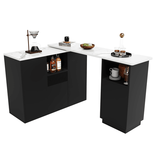 Mesa de bar giratória 360° 210x30x100,9 cm - Design moderno, armazenamento aberto, tampo em mármore - Preta