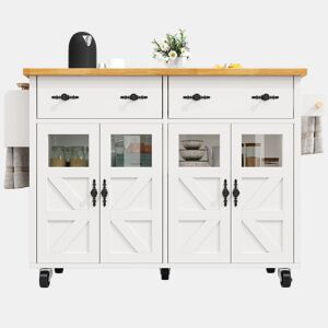Ilha de cozinha móvel 140 x 73 cm - Carrinho multifuncional com grande capacidade de armazenamento - Branco