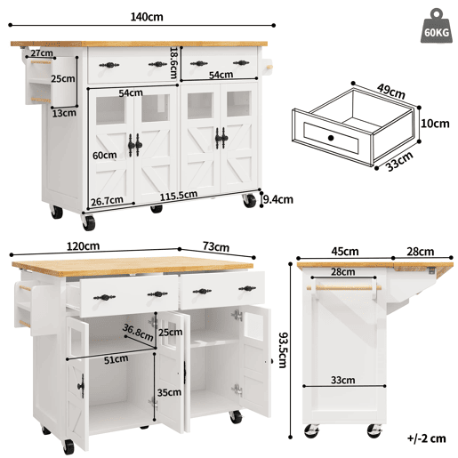 Ilha de cozinha móvel 140 x 73 cm - Carrinho multifuncional com grande capacidade de armazenamento - Branco Ilha de cozinha móvel 140 x 73 cm - Carrinho multifuncional com grande capacidade de armazenamento - Branco