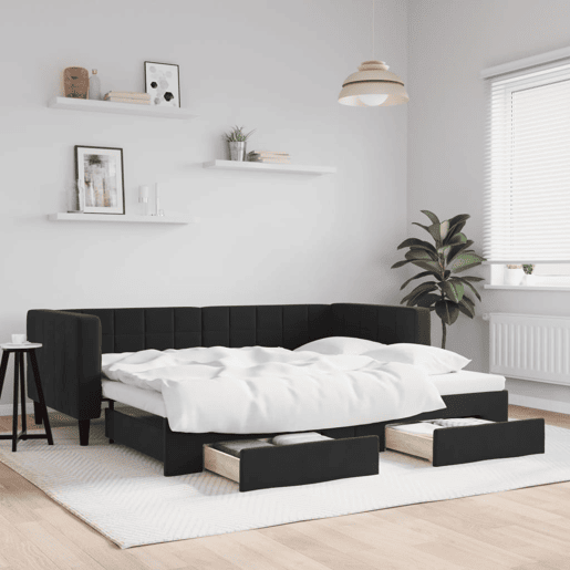 Sofá-cama, Sofá conversível com gavetão e gavetas 90x200 cm veludo preto Sofá-cama, Sofá conversível com gavetão e gavetas 90x200 cm veludo preto