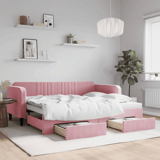 Sofá-cama, Sofá conversível com gavetão e gavetas 90x200 cm veludo rosa Sofá-cama, Sofá conversível com gavetão e gavetas 90x200 cm veludo rosa