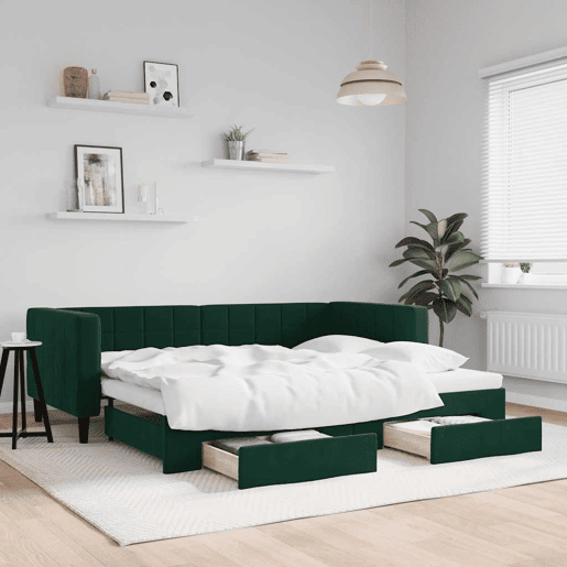Sofá-cama, Sofá conversível c gavetão e gavetas 90x200 cm veludo verde-escuro
