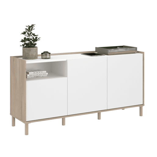 Conjunto de sala de estar com rack para TV de 2 portas, aparador de 3 portas e mesa de centro extensível em branco e carvalho japonês.
