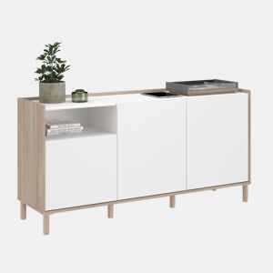 Conjunto de sala de estar com rack para TV de 2 portas, aparador de 3 portas e mesa de centro extensível em branco e carvalho japonês.