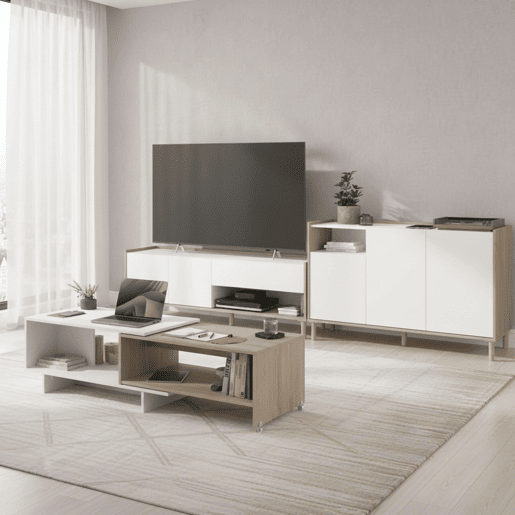Conjunto de sala de estar com rack para TV de 2 portas, aparador de 3 portas e mesa de centro extensível em branco e carvalho japonês.