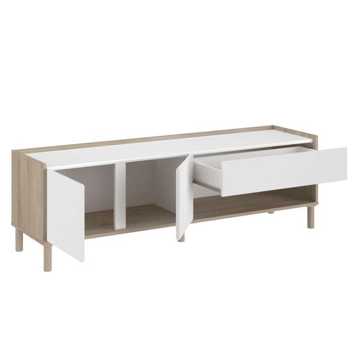Conjunto de sala de estar com rack para TV de 2 portas, aparador de 3 portas e mesa de centro extensível em branco e carvalho japonês.
