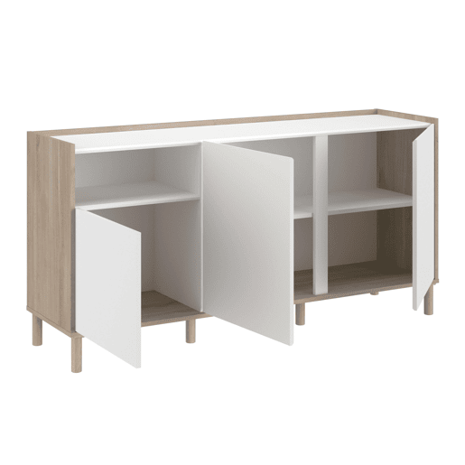 Conjunto de sala de estar com rack para TV de 2 portas, aparador de 3 portas e mesa de centro extensível em branco e carvalho japonês.