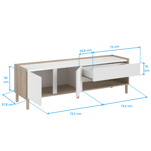 Conjunto de sala de estar com rack para TV de 2 portas, aparador de 3 portas e mesa de centro extensível em branco e carvalho japonês.