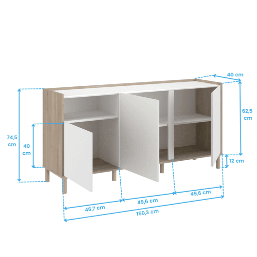 Conjunto de sala de estar com rack para TV de 2 portas, aparador de 3 portas e mesa de centro extensível em branco e carvalho japonês.
