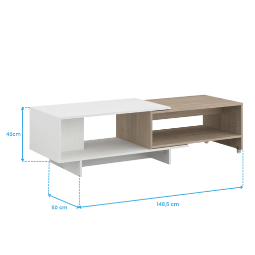 Conjunto de sala de estar com rack para TV de 2 portas, aparador de 3 portas e mesa de centro extensível em branco e carvalho japonês.