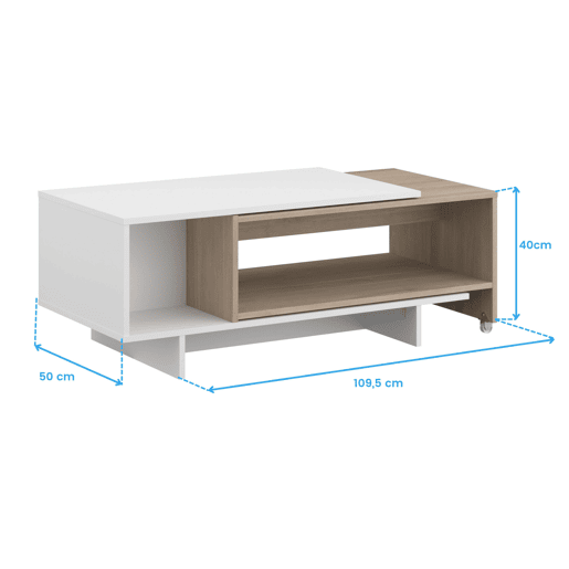 Conjunto de sala de estar com rack para TV de 2 portas, aparador de 3 portas e mesa de centro extensível em branco e carvalho japonês.