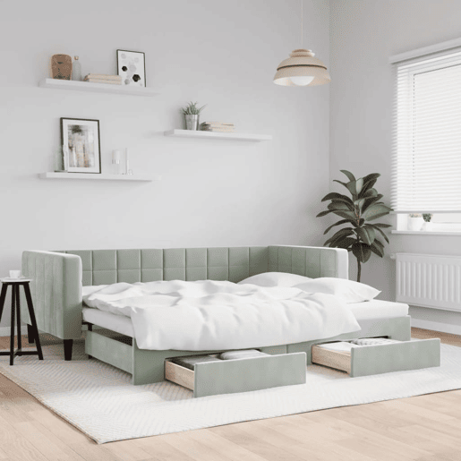 Sofá-cama, Sofá conversível c gavetão e gavetas 90x200 cm veludo cinzento-claro Sofá-cama, Sofá conversível c gavetão e gavetas 90x200 cm veludo cinzento-claro
