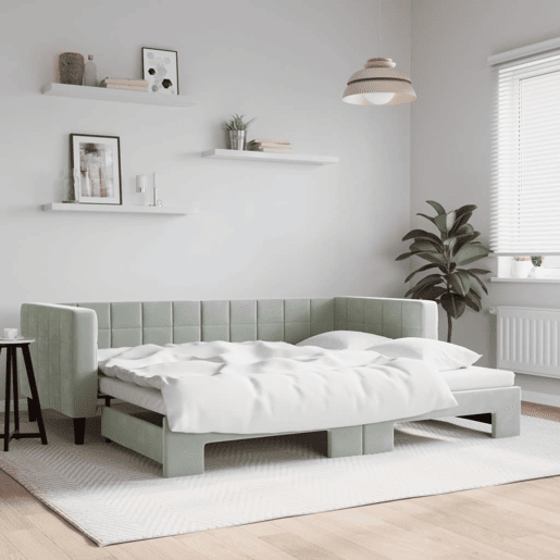 Sofá-cama, Sofá conversível com gavetão 90x200 cm veludo cinzento-claro Sofá-cama, Sofá conversível com gavetão 90x200 cm veludo cinzento-claro