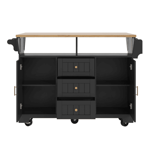 Ilha de cozinha 120x40(80)x95 cm - Carrinho com rodas, extensível, com suporte para toalhas e prateleira para especiarias, 2 portas, 3 gavetas - Preto