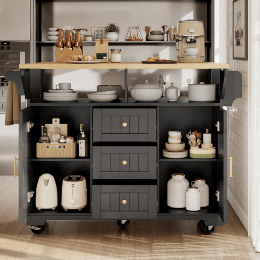 Ilha de cozinha 120x40(80)x95 cm - Carrinho com rodas, extensível, com suporte para toalhas e prateleira para especiarias, 2 portas, 3 gavetas - Preto