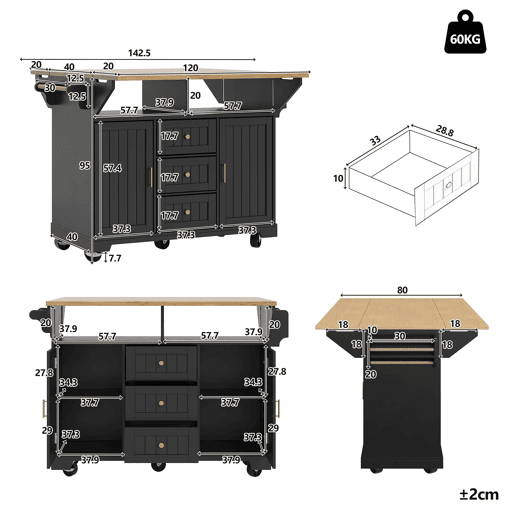 Ilha de cozinha 120x40(80)x95 cm - Carrinho com rodas, extensível, com suporte para toalhas e prateleira para especiarias, 2 portas, 3 gavetas - Preto