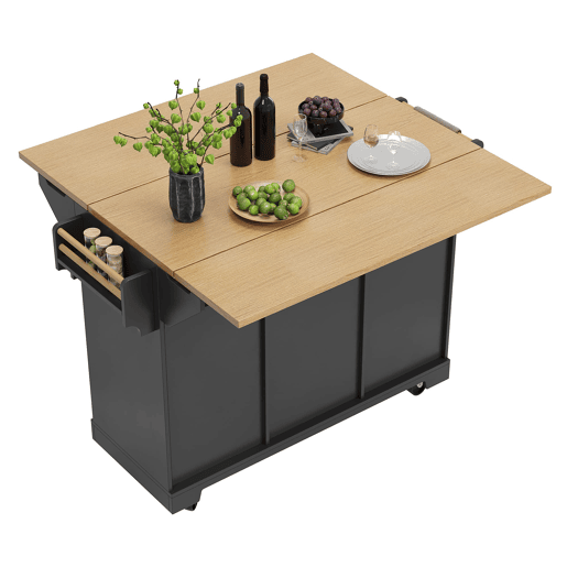 Ilha de cozinha 120x40(80)x95 cm - Carrinho com rodas, extensível, com suporte para toalhas e prateleira para especiarias, 2 portas, 3 gavetas - Preto