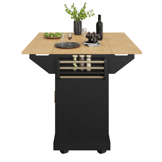 Ilha de cozinha 120x40(80)x95 cm - Carrinho com rodas, extensível, com suporte para toalhas e prateleira para especiarias, 2 portas, 3 gavetas - Preto