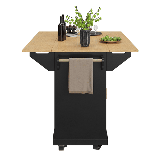 Ilha de cozinha 120x40(80)x95 cm - Carrinho com rodas, extensível, com suporte para toalhas e prateleira para especiarias, 2 portas, 3 gavetas - Preto