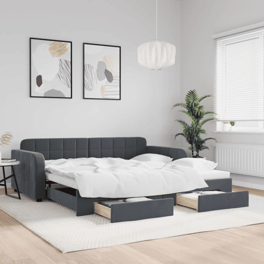 Sofá-cama, Sofá conversível c gavetão e gavetas 100x200cm veludo cinzento-escuro Sofá-cama, Sofá conversível c gavetão e gavetas 100x200cm veludo cinzento-escuro
