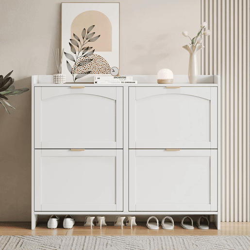 Sapateira moderna 110x90x24 cm - 4 compartimentos rebatíveis, prateleira livre, arrumação aberta - Branco