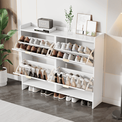 Sapateira moderna 110x90x24 cm - 4 compartimentos rebatíveis, prateleira livre, arrumação aberta - Branco