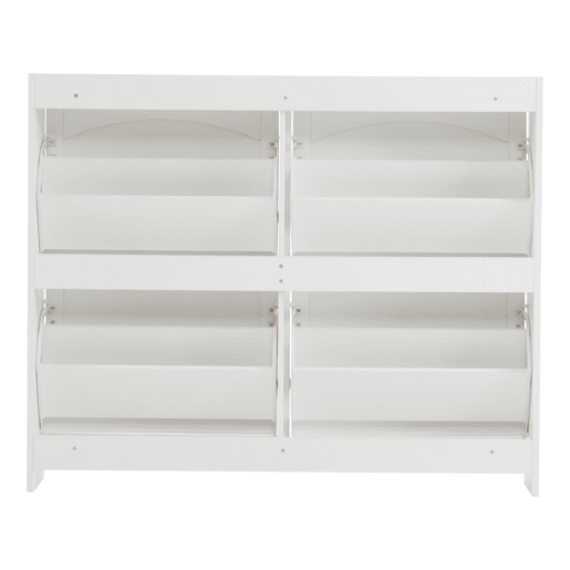 Sapateira moderna 110x90x24 cm - 4 compartimentos rebatíveis, prateleira livre, arrumação aberta - Branco