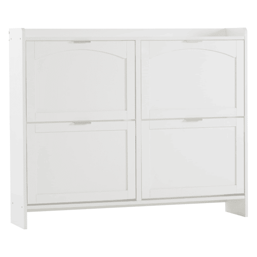Sapateira moderna 110x90x24 cm - 4 compartimentos rebatíveis, prateleira livre, arrumação aberta - Branco