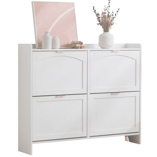 Sapateira moderna 110x90x24 cm - 4 compartimentos rebatíveis, prateleira livre, arrumação aberta - Branco