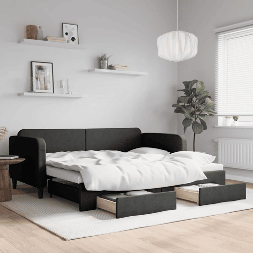 Sofá-cama, Sofá conversível com gavetão e gavetas 90x190 cm tecido preto