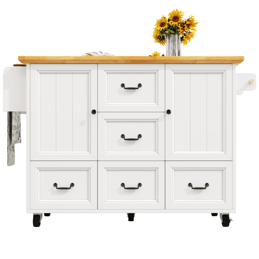 Ilha de cozinha 120x73x93 cm - Móvel com rodas, prateleira ajustável, 2 portas, 5 gavetas, branco Ilha de cozinha 120x73x93 cm - Móvel com rodas, prateleira ajustável, 2 portas, 5 gavetas, branco