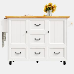 Ilha de cozinha 120x73x93 cm - Móvel com rodas, prateleira ajustável, 2 portas, 5 gavetas, branco