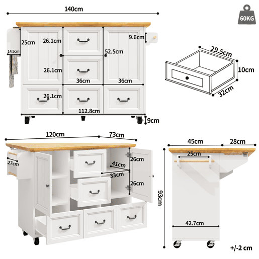 Ilha de cozinha 120x73x93 cm - Móvel com rodas, prateleira ajustável, 2 portas, 5 gavetas, branco Ilha de cozinha 120x73x93 cm - Móvel com rodas, prateleira ajustável, 2 portas, 5 gavetas, branco